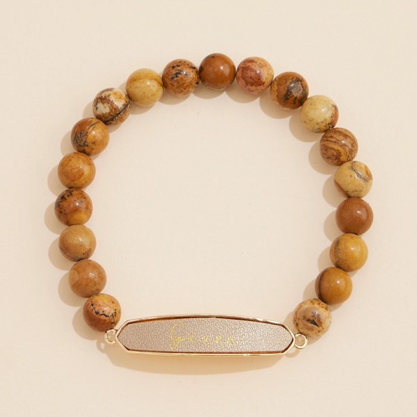 Wholesale stone Beaded Stretch Bracelet Vegan Leather Grace Plate D