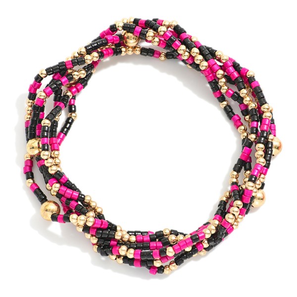 Wholesale set Six Seed Beaded Stretch Bracelets Metal Tones L