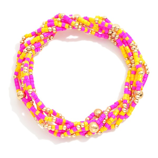 Wholesale set Six Seed Beaded Stretch Bracelets Metal Tones L