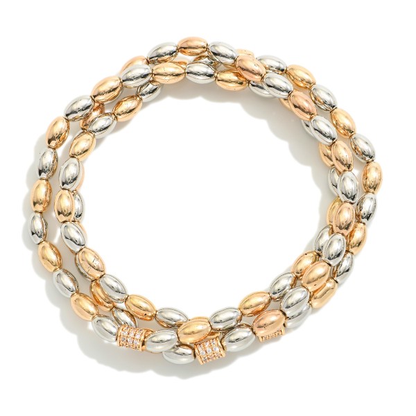 Wholesale set Three Oval Metal Beaded Stretch Bracelets D