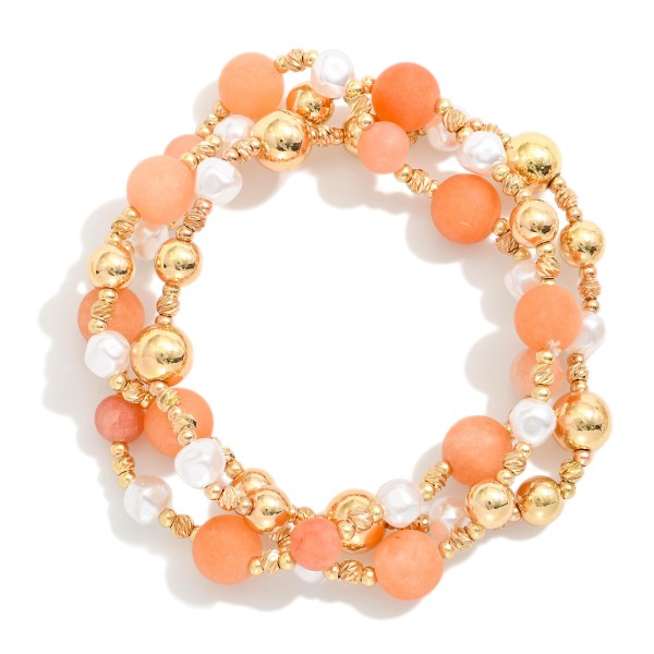 Wholesale set Three Beaded Stretch Bracelets Metal Stone Pearl Beads D