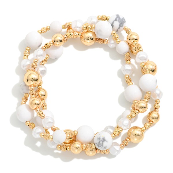Wholesale set Three Beaded Stretch Bracelets Metal Stone Pearl Beads D