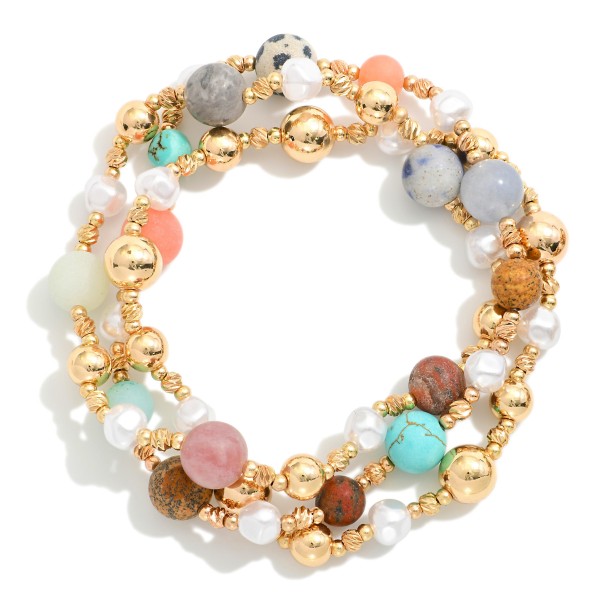 Wholesale set Three Beaded Stretch Bracelets Metal Stone Pearl Beads D