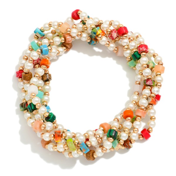 Wholesale set Five Beaded Stretch Bracelets Pearls Metal Tones Stone Disk Beads