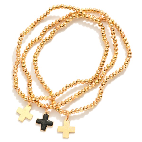 Wholesale set Three Metal Beaded Stretch Bracelets Enamel Plus Crosses D
