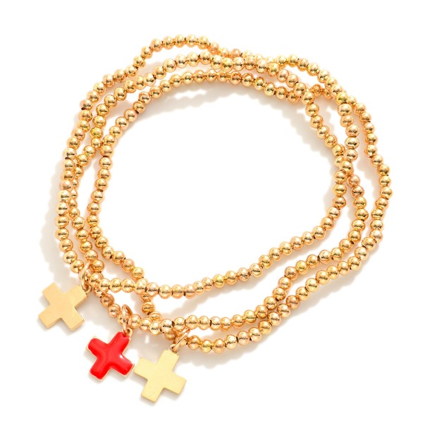 Wholesale set Three Metal Beaded Stretch Bracelets Enamel Plus Crosses D