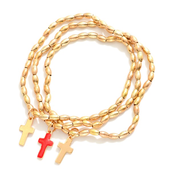 Wholesale set Three Metal Oval Bead Beaded Stretch Bracelets Enamel Crosses D