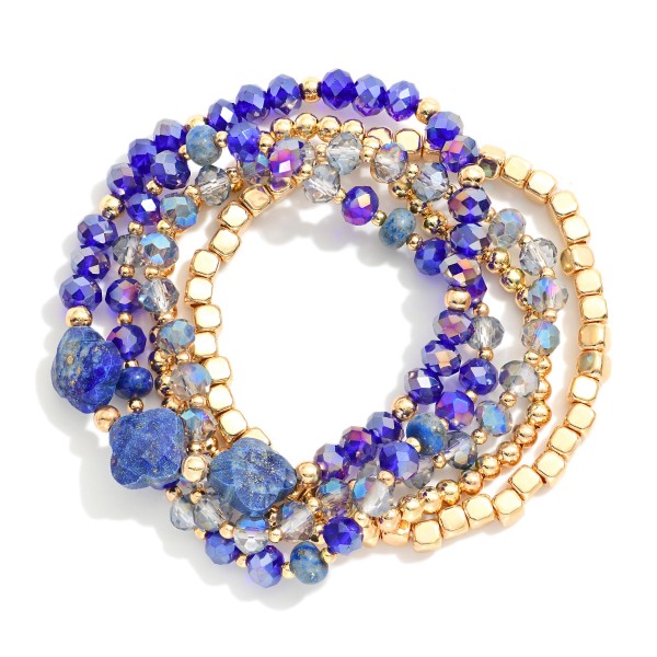 Wholesale set Five Beaded Stretch Bracelets Faceted Beads Metal Tones Stone Clov