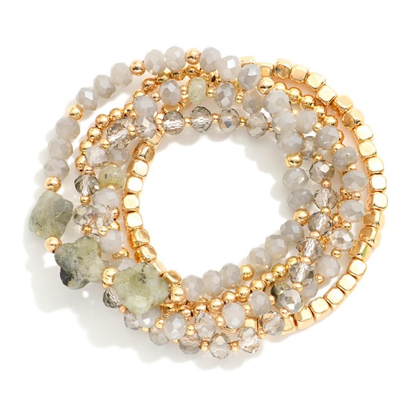 Wholesale set Five Beaded Stretch Bracelets Faceted Beads Metal Tones Stone Clov