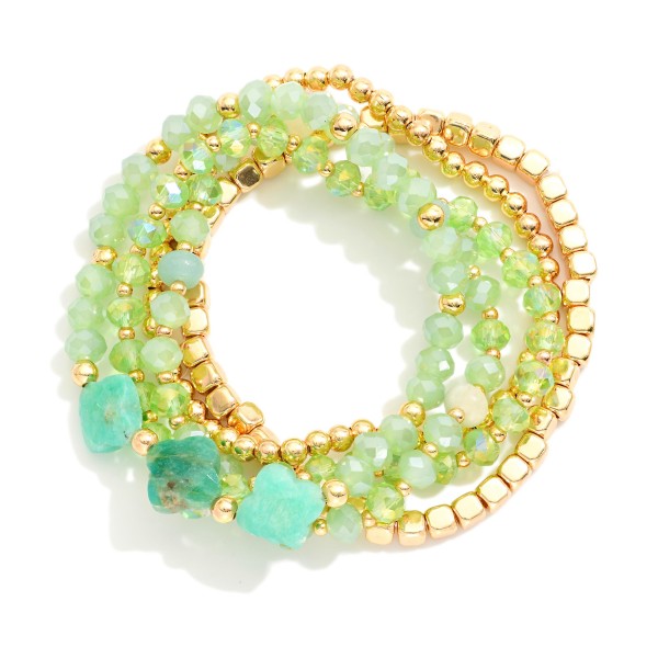 Wholesale set Five Beaded Stretch Bracelets Faceted Beads Metal Tones Stone Clov