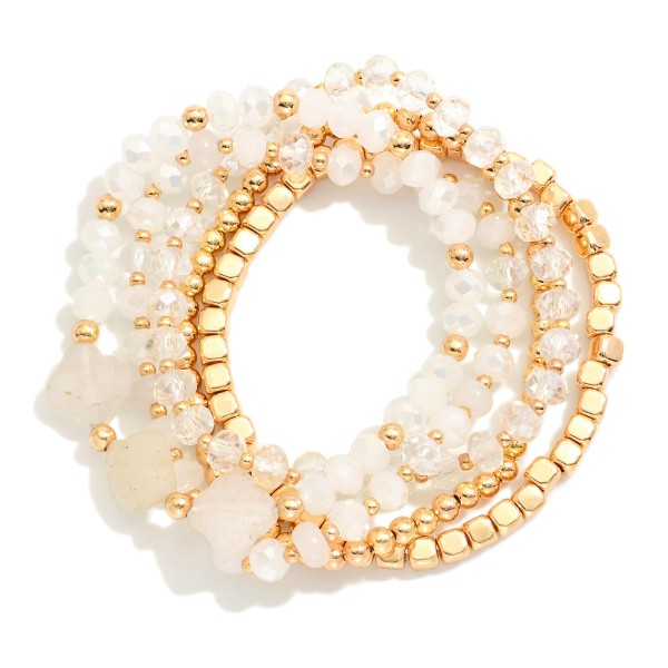 Set Of Five Beaded Stretch Bracelets Featuring Faceted Beads, Metal Tones, & Stone Clovers 

- Approximately 2.5" D