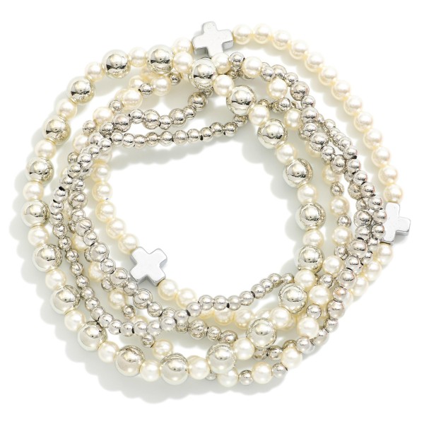 Wholesale set Five Beaded Bracelets Metal Cross Stations Pearls Metal Beads L