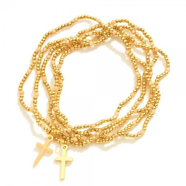 Wholesale set Five Petite Metal Beaded Bracelets Enamel Crosses Faceted Beads D