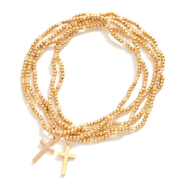 Wholesale set Five Petite Metal Beaded Bracelets Enamel Crosses Faceted Beads D
