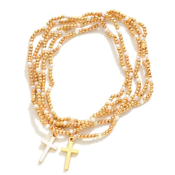 Wholesale set Five Petite Metal Beaded Bracelets Enamel Crosses Faceted Beads D