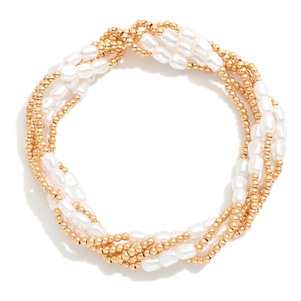 Wholesale set Five Metal Beaded Stretch Bracelet Pearl Beads D