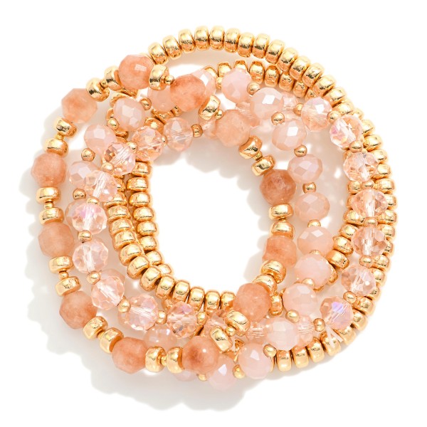 Wholesale set Five Beaded Stretch Bracelets Metal Tones Glass Crystal D