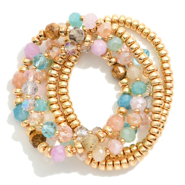Wholesale set Five Beaded Stretch Bracelets Metal Tones Glass Crystal D