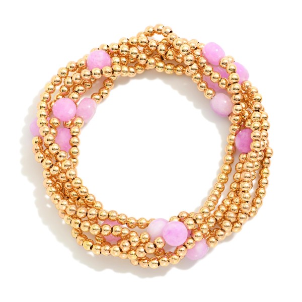 Wholesale set Five Metal Beaded Stretch Bracelets Faceted Stone Beads D