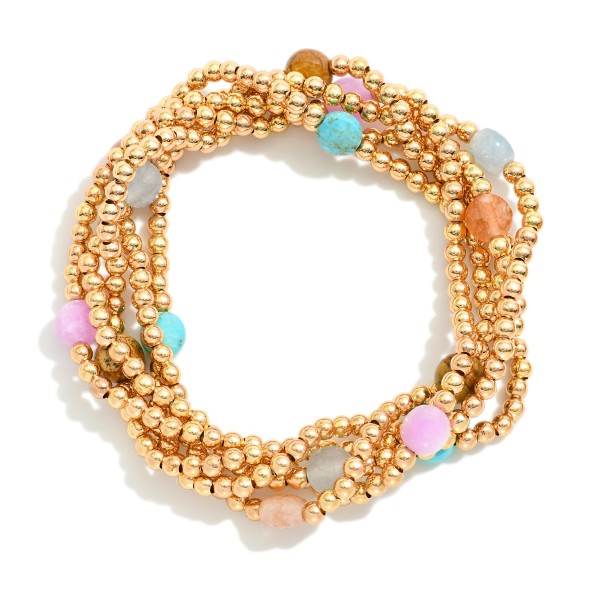 Wholesale set Five Metal Beaded Stretch Bracelets Faceted Stone Beads D