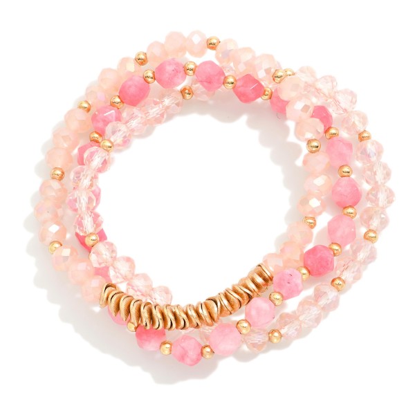 Wholesale set Thee Beaded Stretch Bracelets Metal Disk Faceted Stone Beads D