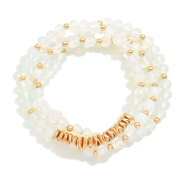 Wholesale set Thee Beaded Stretch Bracelets Metal Disk Faceted Stone Beads D