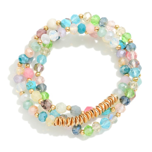 Wholesale set Thee Beaded Stretch Bracelets Metal Disk Faceted Stone Beads D