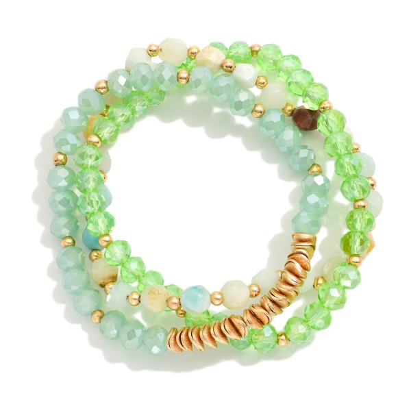 Wholesale set Thee Beaded Stretch Bracelets Metal Disk Faceted Stone Beads D