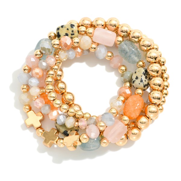 Wholesale set Five Beaded Stretch Bracelets Stone Metal Tones Faceted Beads D