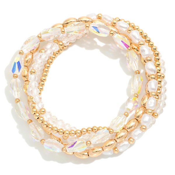 Wholesale set Five Beaded Stretch Bracelets Metal Faceted Oval Glass Crystal Pea