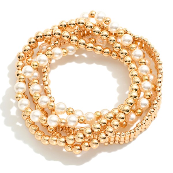Wholesale set Five Beaded Stretch Bracelets Metal Tones Pearls D