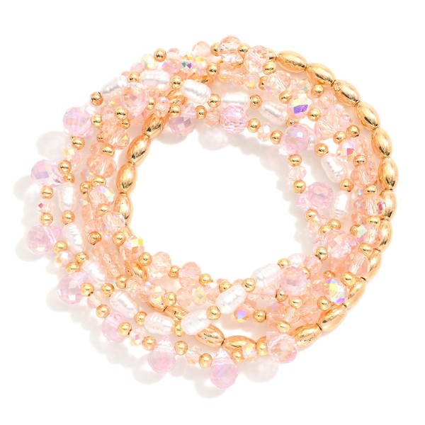 Wholesale set Five Beaded Stretch Bracelets Pearls Metal Tones Glass Crystal D