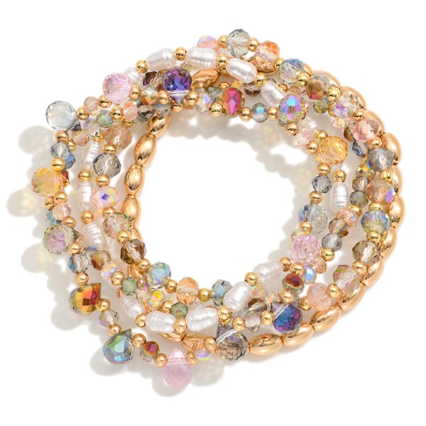 Wholesale set Five Beaded Stretch Bracelets Pearls Metal Tones Glass Crystal D