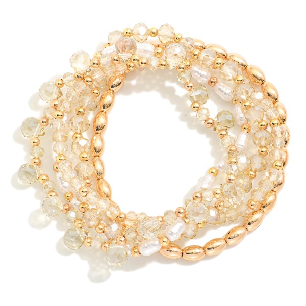 Wholesale set Five Beaded Stretch Bracelets Pearls Metal Tones Glass Crystal D
