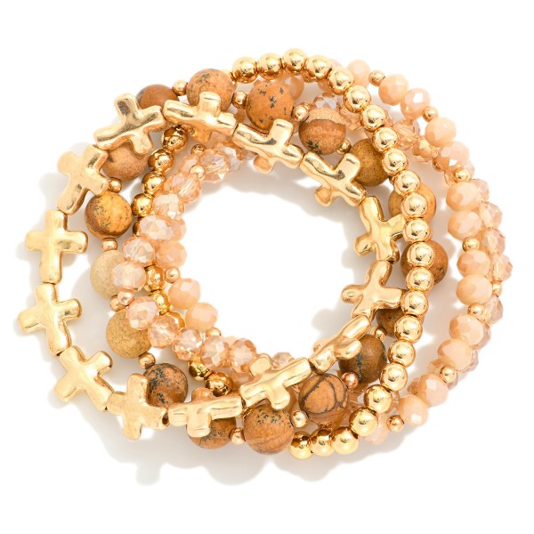 Wholesale set Five Beaded Stretch Bracelets Stone Metal Tones East West Cross Be