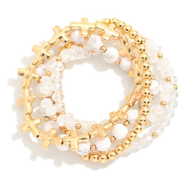 Wholesale set Five Beaded Stretch Bracelets Stone Metal Tones East West Cross Be
