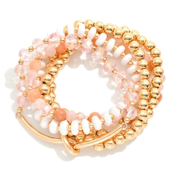 Wholesale set Five Beaded Stretch Bracelets Glass Beads Faceted Beads Gold Noted