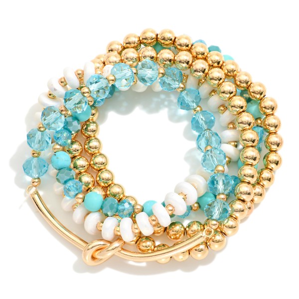 Wholesale set Five Beaded Stretch Bracelets Glass Beads Faceted Beads Gold Noted