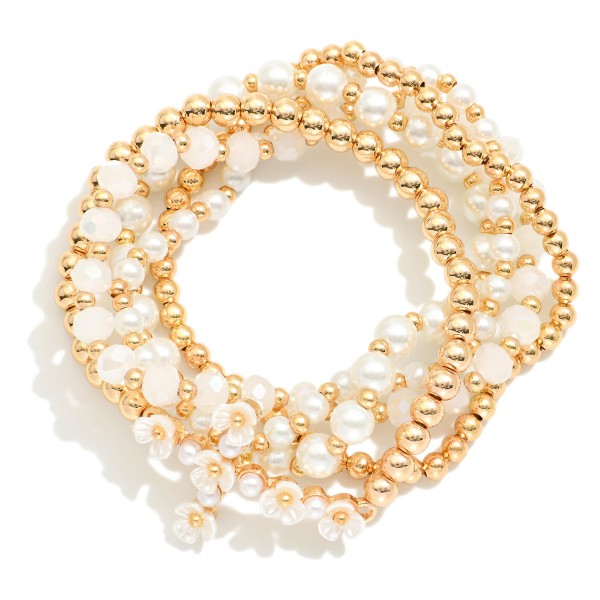 Wholesale set Five Beaded Stretch Bracelets Metal Tones Faceted Beads Flower Cro