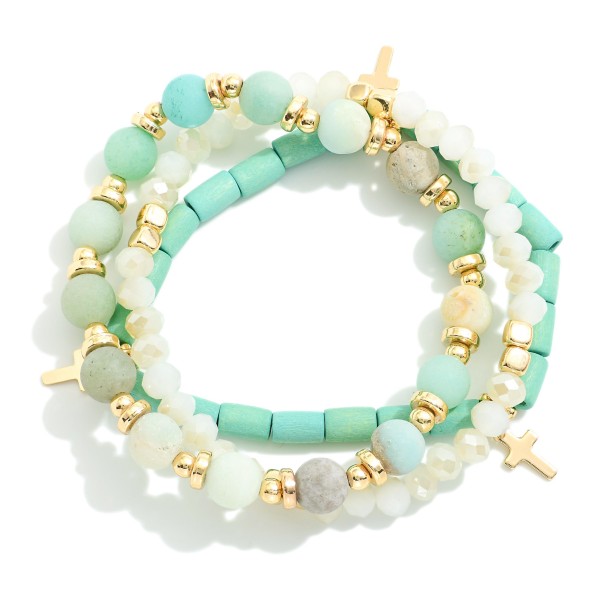 Wholesale set Three Beaded Stretch Bracelets Wood Stone Faceted Beads D