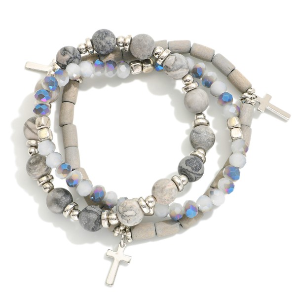 Wholesale set Three Beaded Stretch Bracelets Wood Stone Faceted Beads D