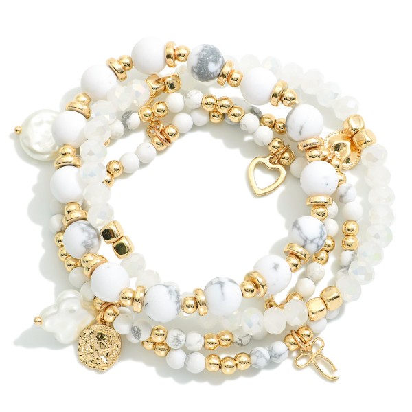 Wholesale set Four Beaded Stretch Bracelets Semi Precious Stone Metal Tones Face