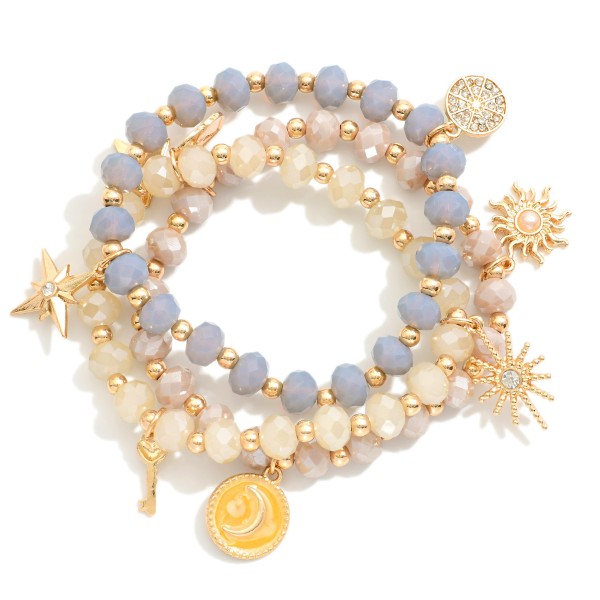 Wholesale set Three Beaded Stretch Bracelets Metal Charms Faceted Beads D