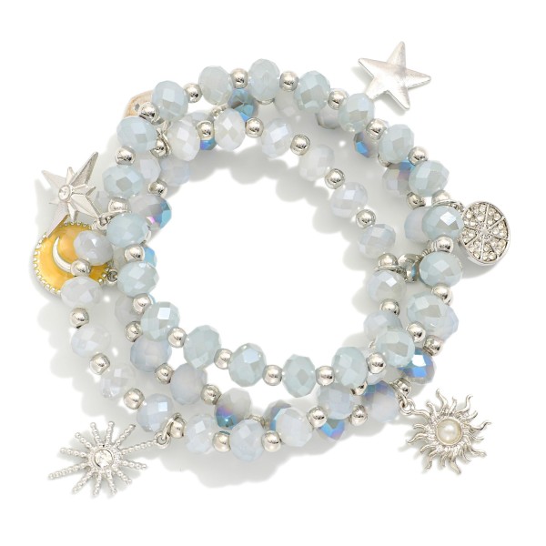 Wholesale set Three Beaded Stretch Bracelets Metal Charms Faceted Beads D
