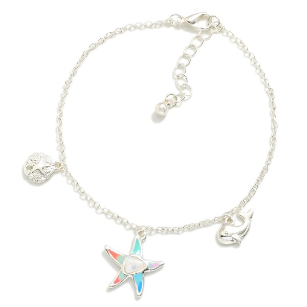 Chain Link Necklace Featuring Metal Tone & Enamel Beach Charms 

- Approximately 4" D
- Extender 3" L