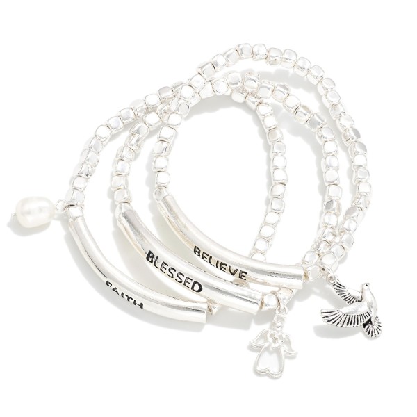Set Of Three Metal Tone Beaded Stretch Charm Bracelets Featuring "Blessed, Believe, & Faith" Message 

- Approximately 2.5" D