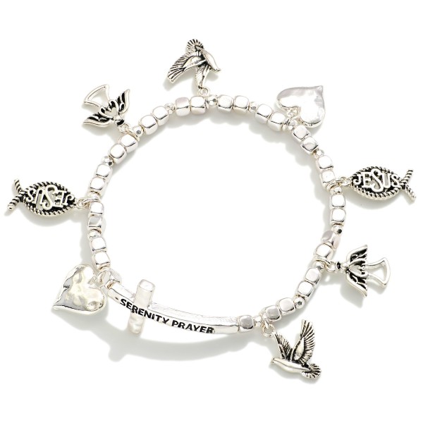 Metal Tone Beaded Charm Bracelet Featuring Crosses, Angels, & Serenity Prayer 

- Approximately 2.5" D

- Card Reads: The Serenity Prayer 