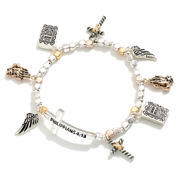 Metal Tone Beaded Charm Bracelet Featuring Crosses, Angel Wings, & Philippians 4:13

- Approximately 2.5" D

- Card Reads: Philippians 4:13 Bible Verse