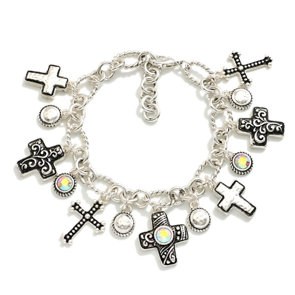 Chain Link Charm Bracelet Featuring Cross Charms & Glass Crystal Charms 

- Approximately 3" D
- Extender 2" L