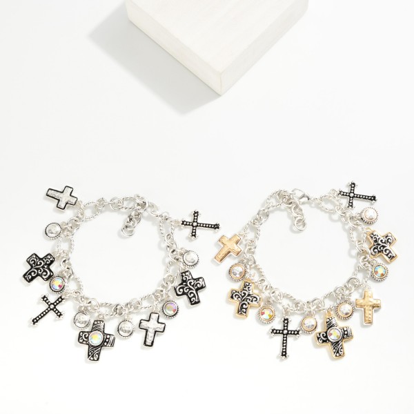 Chain Link Charm Bracelet Featuring Cross Charms & Glass Crystal Charms 

- Approximately 3" D
- Extender 2" L